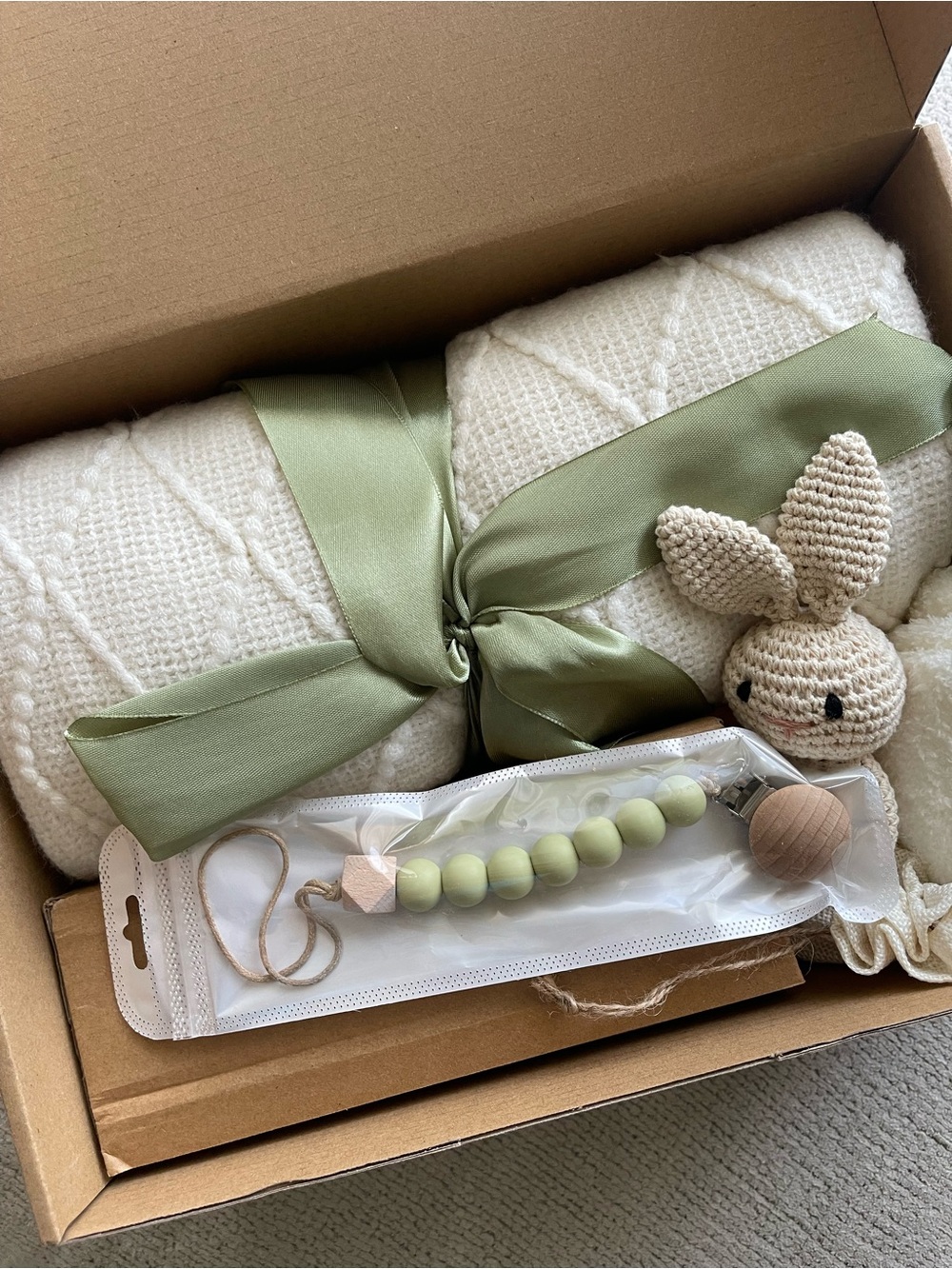 Cream Knit Baby Blanket with Sage Green Pacifier Clip & Crochet Bunny